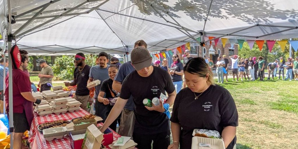 Outdoor buffet setup with canopy tent rental in Brooklyn